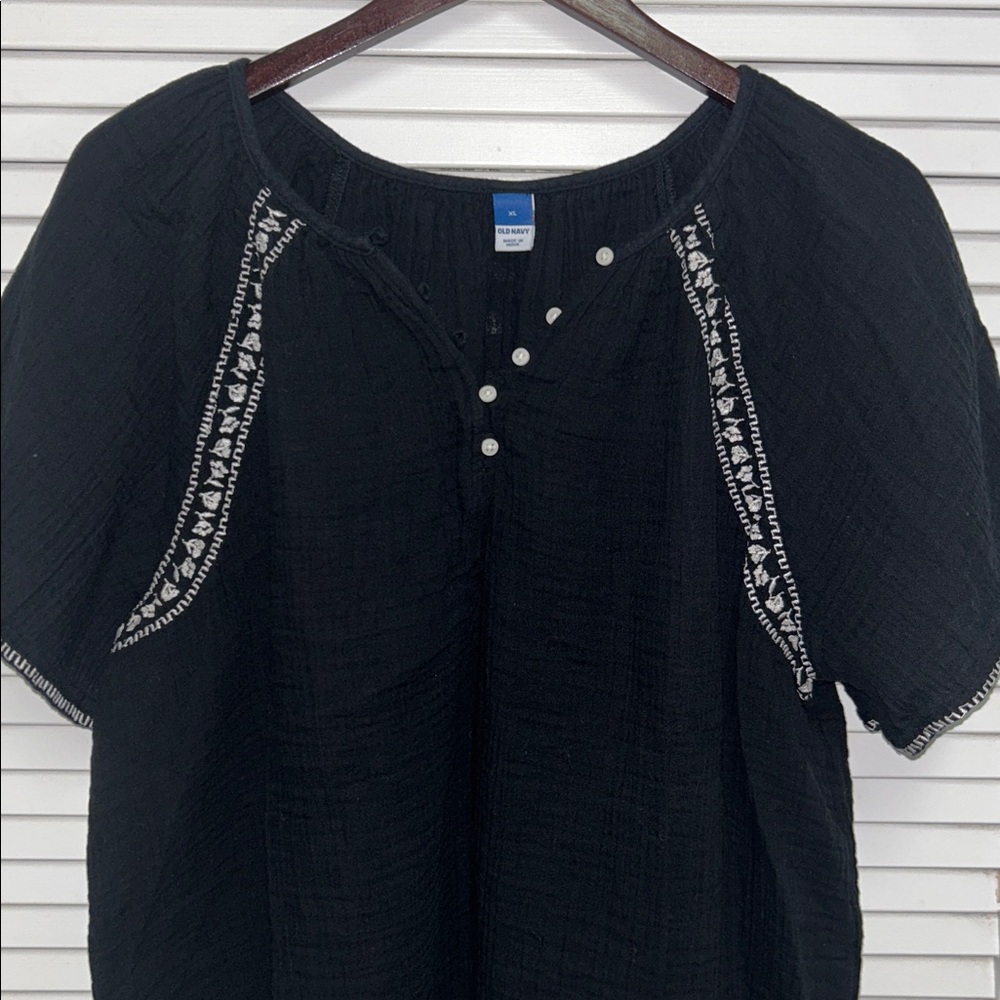 Boho Embroidered Gauzy Peasant Top - Black - Picture 2 of 5